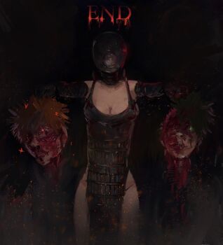 1girl 2boys apron bakugou_katsuki black_apron black_gloves black_hair blonde_hair blood blood_drip blood_on_face boku_no_hero_academia bomb_devil_(chainsaw_man) breasts chainsaw_man cleavage elbow_gloves gloves green_eyes guro holding_detached_head medium_breasts midoriya_izuku multiple_boys object_head sn1ke