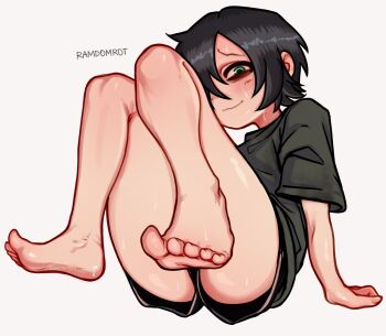 1girl aqua_eyes artist_name bags_under_eyes bare_legs barefoot black_hair black_shorts closed_mouth feet foot_focus foreshortening full_body furrowed_brow hair_over_one_eye highres invisible_floor long_bangs looking_at_viewer nervous_smile one_eye_covered original ramdomrot shirt short_hair short_shorts shorts simple_background smile solo sweat t-shirt thighs toes white_background