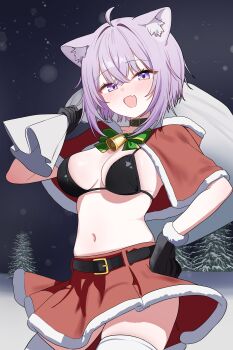 Rule 34 | 1girl, absurdres, ahoge, animal ears, bell, belt, bikini, black bikini, black choker, black gloves, bow, bowtie, breasts, capelet, cat ears, choker, christmas, cleavage, commentary request, cowboy shot, fang, fur-trimmed skirt, fur trim, gloves, hand on own hip, highres, holding, holding sack, hololive, korean commentary, large breasts, miniskirt, navel, nekomata okayu, open mouth, purple eyes, purple hair, red capelet, red skirt, sack, saho 4545, short hair, skirt, smile, solo, stomach, string bikini, swimsuit, thighhighs, virtual youtuber, zettai ryouiki