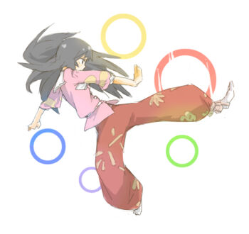 1girl black_hair bow commentary_request danmaku from_side full_body houraisan_kaguya kicking long_hair outstretched_arms pants pink_shirt profile red_pants shirt sketch socks solo touhou white_bow white_socks ziro_(daydozen)