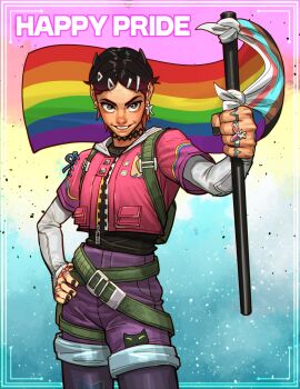 1other absurdres backpack bag belt black_hair black_horns black_nails black_shirt butterfly_earrings clove_(valorant) commentary earrings english_commentary english_text flag gradient_background green_belt green_eyes hair_ornament hairclip hand_on_own_hip highres holding holding_flag hood hood_down hooded_jacket horns jacket jewelry lgbt_pride long_sleeves looking_at_viewer multiple_rings pantyhose pink_jacket pride_month purple_pantyhose purple_shoes rainbow_flag ring shirt shoes short_hair single_earring smile solo standing thirdphp transgender_flag valorant