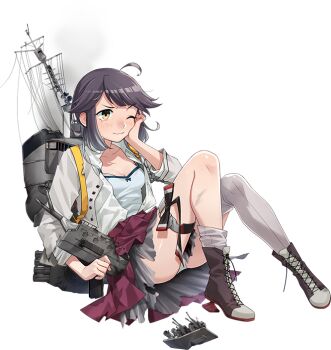 1girl adapted_turret ahoge aqua_bow aqua_bowtie blue_eyes boots bow bowtie breasts burnt_clothes camisole collared_shirt commentary_request dress dress_shirt fujikawa full_body gradient_hair grey_hair grey_thighhighs hair_down halter_dress halterneck hayanami_(kancolle) hayanami_kai_ni_(kancolle) kantai_collection lace-up_boots looking_at_viewer lying multicolored_hair official_art one_eye_closed open_clothes open_shirt panties pantyshot purple_dress rigging shirt short_hair small_breasts smokestack solo thighhighs transparent_background underwear white_camisole white_shirt