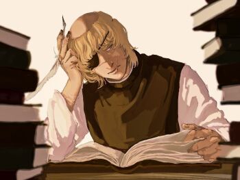 Rule 34 | 1boy, badeni, black tabard, black tunic, blue eyes, book, book stack, chi.: chikyuu no undou ni tsuite, eyepatch, hand on own head, holding, holding quill, male focus, mede teru, medium hair, open book, quill, scar, scar on face, scar on mouth, scar on nose, shirt, simple background, sitting, solo, tabard, tonsure, tunic, white background, white shirt