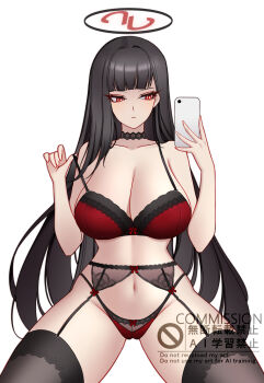 1girl bare_shoulders black_hair black_thighhighs blue_archive blunt_bangs bra breasts cellphone charlie_purrito choker cleavage commentary commission english_commentary garter_belt garter_straps halo highres holding holding_phone large_breasts long_hair navel panties phone red_bra red_eyes red_panties ringed_eyes rio_(blue_archive) simple_background smartphone solo thighhighs underwear underwear_only watermark white_background