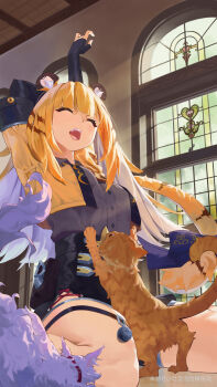 Rule 34 | 1girl, absurdres, animal ear fluff, animal ears, arms up, blonde hair, cat, closed eyes, colored inner hair, commentary request, grey shirt, high-waist shorts, highres, indoors, jacket, ju fufu, long hair, multicolored hair, open mouth, orange cat, orange fur, shirt, shorts, sitting, solo focus, stretching, striped fur, striped hair, tail, thigh strap, thighs, tiger ears, tiger girl, tiger stripes, tiger tail, tu pao diao yu shao, wariza, white cat, window, yellow jacket, zenless zone zero