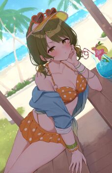 1girl absurdres bare_shoulders bikini blue_jacket blue_sky blush breasts cleavage closed_mouth collarbone commentary_request day eyewear_on_head green_eyes green_hair hair_ornament heart heart-shaped_eyewear highres horizon idolmaster idolmaster_shiny_colors jacket looking_at_viewer low_twintails medium_breasts nanakusa_nichika o-ring o-ring_bikini o-ring_top ocean off_shoulder open_clothes open_jacket orange_bikini orange_skirt outdoors palm_tree polka_dot polka_dot_skirt revision short_hair short_twintails skirt sky solo swimsuit tree tropical_drink twintails wanitaroo._(waniwani_panic) x_hair_ornament yellow_visor_cap