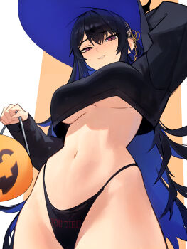 1girl black_hair black_horns black_panties black_sweater blue_hair breasts colored_inner_hair crop_top distr from_below hair_between_eyes halloween_bucket hat highres hololive hololive_english horns large_breasts long_hair looking_at_viewer mole mole_under_eye multicolored_hair nerissa_ravencroft no_pants panties purple_eyes solo sweater underboob underwear virtual_youtuber witch_hat you_died