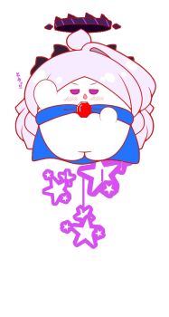 ahoge arm_up blue_archive blue_cape blush cape chestnut_mouth chibi commentary_request gem grey_hair halo highres hina_(blue_archive) horns kurukurumagical parted_bangs parted_lips purple_eyes red_gemstone simple_background single_hair_intake solo star_(symbol) translation_request white_background