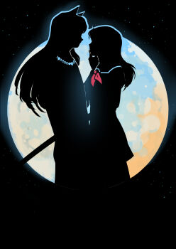 animal_ears bangqiao_yan blue_outline cat_ears character_request cowboy_shot faceless facing_another from_side hand_on_another&#039;s_face inuyasha inuyasha_(character) jewelry long_hair moon neck_ribbon necklace outline ribbon scabbard sheath silhouette sky space standing star_(sky) starry_sky