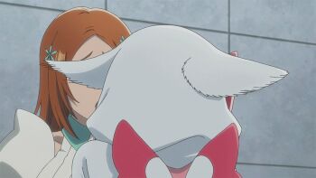 2girls animal_hood animated animated_gif anime_screenshot bleach bleach:_sennen_kessen-hen dokugamine_riruka fake_wings fighting hair_ornament hairpin hood hood_up inoue_orihime long_hair looping_animation multiple_girls orange_hair red_hair source_request twintails wings