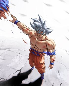 1boy battle_damage commentary dragon_ball dragon_ball_super english_commentary full_body grey_eyes grey_hair highres male_focus medium_hair muscular muscular_male orange_pants pants shadow solo son_goku spiked_hair standing sydoria topless_male torn_clothes torn_pants ultra_instinct