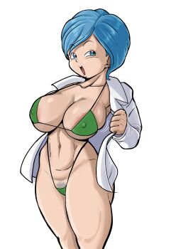 1girl bikini blue_hair breasts bulma dragon_ball dragon_ball_super highres large_breasts nipples presenting pseudocel sexually_suggestive short_hair solo swimsuit