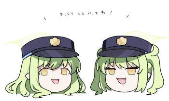 2girls :d blue_archive blue_hat brown_eyes commentary_request fang green_hair halo hat hikari_(blue_archive) long_hair multiple_girls nozomi_(blue_archive) nyaru_(nyaru_4126) open_mouth shako_cap siblings simple_background sisters smile thick_eyebrows translation_request twins twintails white_background yukkuri_shiteitte_ne