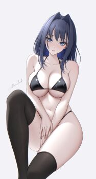 1girl absurdres bare_shoulders bikini blue_eyes blue_hair blush breasts breasts_squeezed_together commentary earrings english_commentary highres hololive hololive_english jewelry large_breasts midriff moovalandi navel ouro_kronii self-upload short_hair swimsuit thighhighs underboob virtual_youtuber