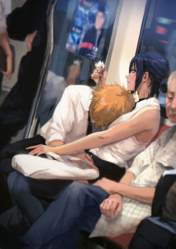 black_choker black_hair black_necktie blonde_hair blush chainsaw_man choker denji_(chainsaw_man) flower green_eyes hair_bun highres leaning_on_person medium_hair multiple_others necktie old old_man reflection reze_(chainsaw_man) shirt sitting sleeveless spykeee subway twitter_username watermark white_bag white_flower white_shirt