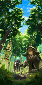 1boy 2girls absurdres animal_ears arknights black_jacket black_pantyhose blue_scarf blue_sky bow_(weapon) brown_hair cat_ears coat dress forest green_dress green_eyes green_hair highres holding holding_bow_(weapon) holding_weapon horns jacket kal'tsit_(arknights) kourou_(kouroukun) lizardman multiple_girls nature off_shoulder open_clothes open_coat outdoors pallas_(arknights) pantyhose rangers_(arknights) scarf short_hair short_hair_with_long_locks sky squatting tree veil weapon white_jacket