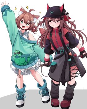 2girls absurdres ahoge animal_ears arm_up bandaid bandaid_on_knee bandaid_on_leg black_eyes black_gloves black_hat black_shorts black_suspenders blue_eyes boots broken_heart broken_heart_hair_ornament brown_hair cat_ears cat_tail closed_mouth commentary cross-laced_clothes cross-laced_skirt english_commentary evil_neuro-sama full_body gloves green_boots green_jacket grey_skirt hair_between_eyes hair_ornament hair_rings half-skirt harpoon hat heart highres holding_harpoon horned_hat jacket leg_warmers long_hair medium_skirt multiple_girls neuro-sama open_mouth pigagooo platform_shoes red_jacket red_ribbon red_shoes ribbon shirt shoes short_sleeves shorts siblings simple_background sisters skirt skull_hair_ornament sleeveless sleeveless_shirt sparkle sparkling_eyes standing tail triangle_mouth turtleneck turtleneck_jacket twins two_side_up vedal987 vedal_ai virtual_youtuber white_background white_shirt white_skirt