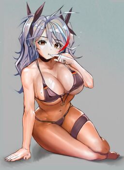 1girl anchor arm_support azur_lane barefoot bikini black_bikini breasts choker female_focus flag_print flag_print_bikini full_body german_flag_bikini hair_between_eyes highres large_breasts long_hair looking_at_viewer mole mole_on_breast multicolored_hair navel print_bikini prinz_eugen_(azur_lane) prinz_eugen_(unfading_smile)_(azur_lane) red_eyes shijima_(tanfn) silver_hair simple_background sitting solo streaked_hair swimsuit thigh_strap two_side_up yokozuwari