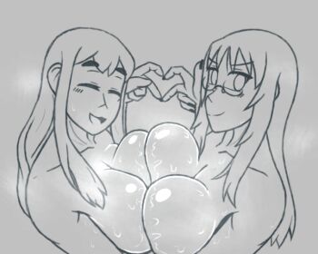 2girls azugarosu bare_shoulders breasts closed_eyes closed_mouth collarbone completely_nude glasses greyscale heart heart_hands huge_breasts k-on! kotobuki_tsumugi long_hair looking_at_viewer monochrome multiple_girls nude open_mouth sketch smile steam sweat thick_eyebrows yamanaka_sawako