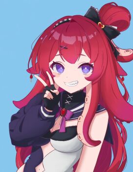 1girl absurdres arielartspace asymmetrical_clothes asymmetrical_sleeves berrycrepe black_bow black_bowtie black_gloves black_sailor_collar blue_background bow bowtie breasts cleavage commentary english_commentary fingerless_gloves gem gloves grin hair_bow hair_ornament highres indie_virtual_youtuber long_hair long_sleeves medium_breasts navel purple_eyes red_gemstone red_hair sailor_collar sharp_teeth simple_background single_bare_arm single_hair_intake smile suction_cups teeth tentacle_hair v virtual_youtuber x_hair_ornament