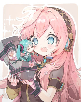 2girls blue_eyes blush blush_stickers border box brown_shirt chibi commentary dot_nose double-parted_bangs gift gift_box grey_background hatsune_miku headphones highres holding holding_gift kiss long_hair megurine_luka mini_person minigirl multiple_girls niwako outline outside_border pink_hair pink_ribbon ribbon see-through_clothes see-through_sleeves shirt short_sleeves shoulder_tattoo striped_ribbon tattoo upper_body vocaloid white_border white_outline