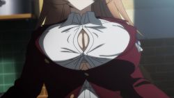 1girl animated anime_screenshot bouncing_breasts breast_expansion breasts bursting_breasts button_gap charlotte_e._yeager collared_shirt highres jacket large_breasts lowres no_bra popped_button red_jacket shirt solo straining_buttons strike_witches tagme video wardrobe_malfunction white_shirt world_witches_series