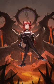 1girl absurdres arknights bare_shoulders black_horns black_jacket black_thighhighs chain closed_mouth collarbone crossed_legs embers full_body hair_intakes hell highres horns infection_monitor_(arknights) jacket kojy_2524 lava long_hair long_sleeves looking_at_viewer monster off_shoulder purple_eyes red_hair serious sitting staring surtr_(arknights) thighhighs