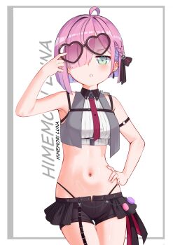 1girl absurdres adjusting_eyewear ahoge arm_belt arm_up belt black-framed_eyewear black_belt black_panties black_ribbon black_shorts blunt_ends blush braid breasts character_name chest_harness cloverse6 collared_shirt colored_inner_hair commentary crown_hair_ornament ear_piercing english_commentary fingernails green_eyes grey_shirt hair_over_one_eye hair_ribbon hand_on_eyewear hand_on_own_hip harness heart heart-shaped_eyewear heart_print highres himemori_luna himemori_luna_(streetwear) hololive looking_at_viewer medium_hair multicolored_hair navel necktie o-ring o-ring_harness one_eye_covered open_fly panties piercing pink_hair pink_necktie pink_ribbon ribbed_shirt ribbon shiny_skin shirt shorts solo stomach sunglasses thighs twitter_username two-tone_hair two-tone_ribbon underwear virtual_youtuber white_background white_shirt