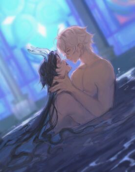 2boys black_hair caelus_(honkai:_star_rail) collarbone commentary dan_heng_(honkai:_star_rail) dan_heng_(imbibitor_lunae)_(honkai:_star_rail) english_commentary eye_contact grey_eyes hand_on_another's_neck highres honkai:_star_rail honkai_(series) horns lexazqqc long_hair looking_at_another male_focus multiple_boys nude open_mouth parted_bangs partially_submerged pectorals trailblazer_(honkai:_star_rail) twitter_username very_long_hair water wet wet_hair white_hair yaoi