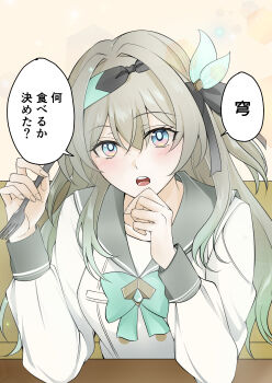 1girl :o absurdres black_hairband black_ribbon blush bow bowtie collared_shirt firefly_(honkai:_star_rail) firefly_(spring_missive)_(honkai:_star_rail) fork green_bow green_bowtie green_pupils grey_hair grey_sailor_collar hair_between_eyes hair_intakes hair_ornament hair_ribbon hairband hand_on_own_chin highres holding holding_fork honkai:_star_rail honkai_(series) long_hair long_sleeves miyura1010 multicolored_eyes open_mouth ribbon sailor_collar shirt solo teeth upper_teeth_only white_shirt white_sleeves