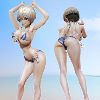 1girl 3d absurdres ass barefoot bikini bikini_day breasts front-tie_bikini_top front-tie_top halterneck highres leslyzerosix multiple_views short_hair side-tie_bikini_bottom standing strap_lift string_bikini striped_bikini striped_clothes swimsuit uzaki-chan_wa_asobitai! uzaki_hana wet white_hair