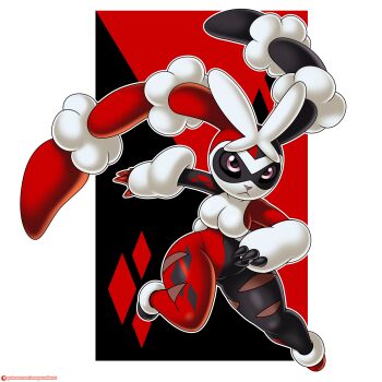 1girl adapted_costume animal_ears artist_name batman_(series) black_background bodysuit breasts brown_fur claws cosplay dc_comics eye_mask full_body gen_4_pokemon harley_quinn harley_quinn_(cosplay) large_breasts leggings lopunny mask nintendo omegasunburst pink_eyes pokemon pokemon_(creature) red_background serious torn_clothes white_background white_fur