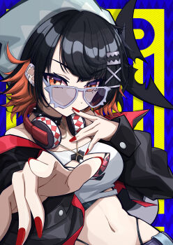 1girl absurdres alternate_costume beanie black_hair black_jacket blue_background blue_hat breasts cleavage_cutout clothing_cutout collar collarbone colored_inner_hair commentary_request covering_own_mouth crop_top earclip ellen_joe fingernails fins fish_tail hat headphones headphones_around_neck highres jacket jewelry looking_at_viewer looking_over_eyewear medium_breasts midriff mole mole_under_eye multicolored_hair mutsu_aya navel necklace razor_blade_hair_ornament red_eyes red_nails scar scar_on_tail shark_girl shark_tail shirt short_hair solo spiked_collar spikes sunglasses tail upper_body white-framed_eyewear white_shirt zenless_zone_zero