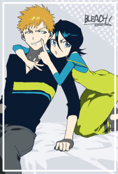 1boy 1girl black_hair bleach blue_eyes blue_shirt commentary_request copyright_name dress fingersmile forced_smile grey_eyes kneeling kuchiki_rukia kurosaki_ichigo nigatsumikka off-shoulder_shirt off_shoulder orange_hair shirt short_hair yellow_dress