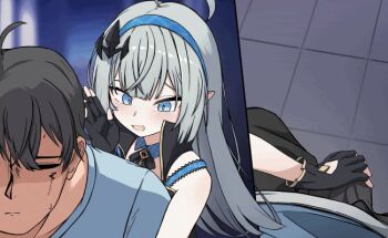 1boy 1girl ahoge animated animated_gif black_hair blue_eyes blue_hairband character_request closed_mouth female_tyrant_(stella_sora) grey_hair hairband handjob handjob_over_clothes loli long_hair open_mouth pointy_ears stella_sora tyrant_(stella_sora) xandier59