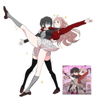 2girls absurdres bananahaemeog black_hair black_jacket black_shirt black_thighhighs blue_eyes blush breasts brown_shoes highres jacket large_breasts long_hair love_live! love_live!_nijigasaki_high_school_idol_club multicolored_hair multiple_girls nijigasaki_school_uniform pink_hair red_jacket scene_reference school_uniform shirt shoes simple_background skirt smile socks standing takasaki_yu thighhighs twintails two-tone_hair white_background white_shirt zhong_lanzhu