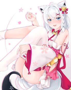 1girl absurdres ahoge animal_ear_fluff animal_ears blue_eyes braid commentary english_commentary fingernails floral_print floral_print_kimono fox fox_ears fox_tail frilled_thigh_strap highres hololive japanese_clothes kimono long_hair long_sleeves looking_at_viewer nail_polish pentagram pink_nails print_kimono shirakami_fubuki simple_background sleeveless sleeveless_kimono st-147 tail thigh_strap white_background white_hair white_kimono wide_sleeves