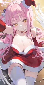 1girl bare_shoulders blue_archive breasts choker christmas cleavage commentary davo221020 feathered_wings hair_tie hat headband highres long_hair looking_at_viewer mika_(blue_archive) open_mouth panties panty_peek pink_hair santa_hat smile teeth thighhighs thighs underwear white_panties white_thighhighs wings yellow_eyes