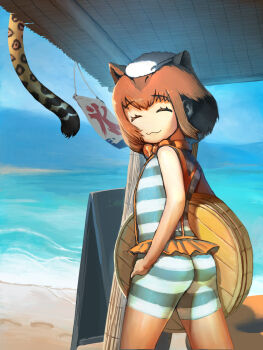 10s 1girl :3 aasu_kirishita animal_ears ass brown_hair capybara_(kemono_friends) capybara_ears closed_eyes female_focus footprints hand_on_own_hip highres innertube kemono_friends looking_at_viewer ocean short_hair smile solo swim_ring water