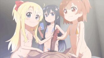 1boy 3girls :3 age_difference animated animated_gif bikini blonde_hair censored cooperative_handjob erection flat_chest green_eyes handjob hetero himesaka_noa hoshino_hinata joutarou_(punianikobo) large_penis loli long_hair looking_at_viewer micro_bikini mosaic_censoring multiple_girls old old_man penis phone pov pov_crotch shirosaki_hana short_hair smile swimsuit teamwork_(sexual) watashi_ni_tenshi_ga_maiorita!