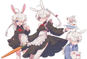 >_< 1boy 1girl ahoge alisaie_leveilleur alphinaud_leveilleur alternate_costume animal_ears apron ascot black_dress blue_eyes braid brother_and_sister carrot dress earrings elezen elf enmaided final_fantasy final_fantasy_xiv hair_over_one_eye hair_ribbon highres holding holding_plate holding_spoon iiinarulil jewelry kemonomimi_mode long_hair looking_at_viewer maid multiple_views one_eye_covered open_mouth pink_thighhighs plate pointy_ears ponytail rabbit_ears red_ascot ribbon siblings simple_background single_braid single_earring smile spoon standing thighhighs twins white_apron white_background white_hair
