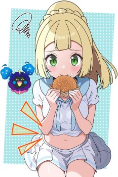 1girl blonde_hair blunt_bangs blush braid breasts burger closed_eyes closed_mouth cosmog cropped_shirt eating food food_on_face gen_7_pokemon green_eyes highres holding holding_burger holding_food legendary_pokemon lillie_(pokemon) long_hair looking_at_viewer midriff navel nintendo odorukaminoke open_mouth pokemon pokemon_(creature) pokemon_sm ponytail ponytail_with_braided_base shirt short_sleeves skirt smile white_shirt white_skirt
