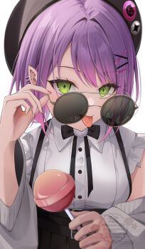 Rule 34 | 1girl, :p, absurdres, aoba takeru, black hat, black skirt, candy, cardigan, commentary, ear piercing, food, gradient hair, green eyes, hair ornament, hairclip, hat, high-waist skirt, highres, holding, holding candy, holding food, holding lollipop, hololive, jirai kei, lollipop, looking at viewer, multicolored hair, o-ring, o-ring thigh strap, official alternate costume, open cardigan, open clothes, piercing, pink hair, purple hair, round eyewear, shirt, skirt, solo, sunglasses, symbol-only commentary, thigh strap, tokoyami towa, tokoyami towa (jirai kei), tongue, tongue out, two-tone hair, virtual youtuber, white shirt