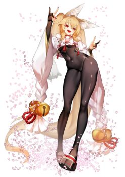 1girl animal_ear_fluff animal_ears artist_request bell blonde_hair bodystocking choker double_fox_shadow_puppet fox_ears fox_girl fox_shadow_puppet full_body highres hokori_kei indie_virtual_youtuber japanese_clothes miko nail_polish navel open_mouth petals rahato red_eyes red_nails sandals smile solo tail toes twintails