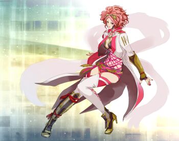 afro breasts brown_eyes cleavage coat curly_hair eyelashes fingernails fishnet_leotard fishnets high_heels koshoushou large_breasts leotard lips lipstick makeup nail_polish pink_hair pink_nails sengoku_musou short_shorts shorts thighhighs thighs white_thighhighs