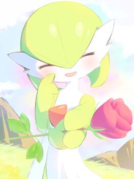 1girl ^_^ arm_up blue_sky blush bob_cut closed_eyes cloud colored_skin day facing_viewer female_focus flat_chest flower gardevoir gen_3_pokemon grass green_hair green_skin hair_between_eyes hand_up happy harutorii head_tilt holding holding_flower incoming_gift leaf multicolored_skin nintendo open_mouth outdoors outstretched_arm pokemon pokemon_(creature) red_flower red_rose rose short_hair sky smile solo standing two-tone_skin upper_body white_skin
