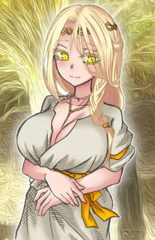 1girl blonde_hair braid braided_sidelock breasts breasts_out coat dress dress_shirt elden_ring fromsoftware genderswap genderswap_(mtf) long_hair miquella_(elden_ring) shirt tiara white_coat white_dress yellow_eyes