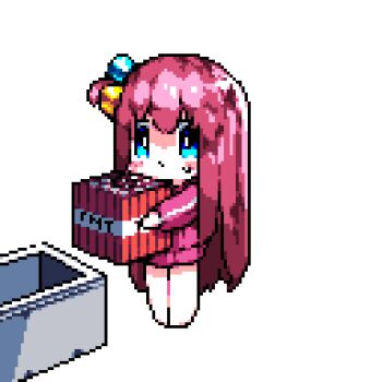 Rule 34 | > <, 1girl, animated, animated gif, barefoot, blue eyes, blush, bocchi the rock!, closed mouth, cube hair ornament, downvote (downvote me), explosion, explosive, gotoh hitori, gotoh hitori (octopus), hair ornament, hashtag-only commentary, jacket, long hair, minecart, minecraft, pink hair, pink jacket, pixel art, simple background, solo, tnt, tnt block (minecraft), track jacket, white background