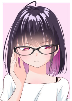 Rule 34 | 1girl, adjusting eyewear, ahoge, black-framed eyewear, border, bra strap, glasses, looking at viewer, original, outside border, pink background, purple eyes, purple hair, shirt, short hair, solo, squinting, upper body, white border, white shirt, yamanaka kouji (yanchiki2001)