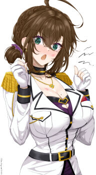 Rule 34 | ahoge, belt, black belt, black choker, blush, bra, braid, breast pocket, breasts, brown hair, chamumi (mochiumee), choker, cleavage, epaulettes, female admiral (kancolle), fingerless gloves, gloves, green eyes, hands up, highres, jacket, kantai collection, large breasts, lipstick mark, looking at viewer, military jacket, military uniform, mole, mole on breast, mole under eye, open mouth, pocket, ponytail, sidelocks, tearing up, underwear, white gloves, white jacket